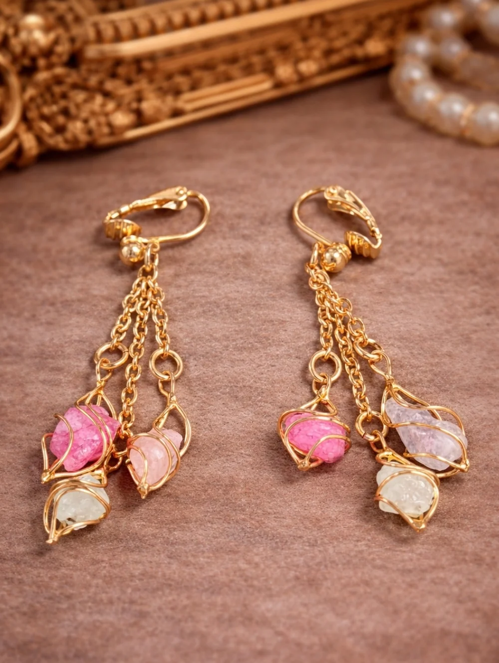 Boho dangle earrings natural stone chips wire wrapped gold tone leverback